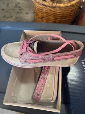 Sperry Pink Glitter and Tan Kids Boat Shoes